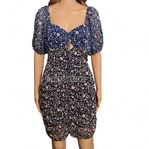 Free People x Revolve Tessa Mini Dress Cut Out Floral Print Ruched Blue Size M - Picture 3 of 11